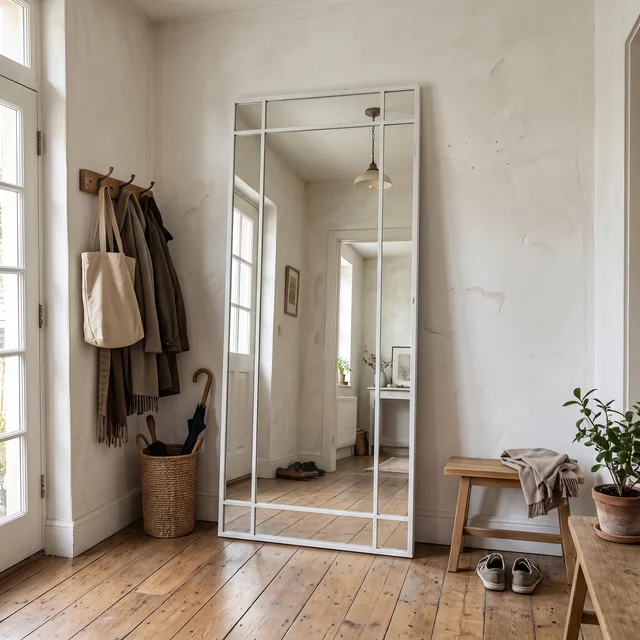Miroir Crittall cadre métal blanc, pleine hauteur, dans une entrée