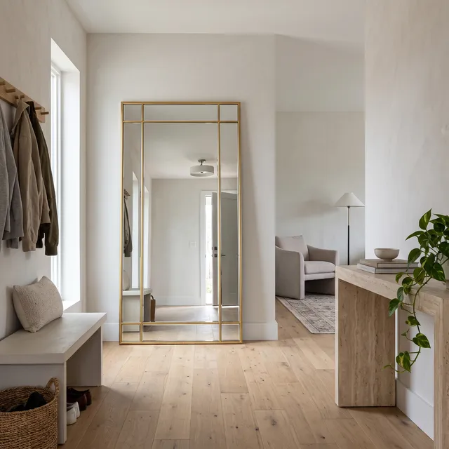 Miroir Crittall cadre métal doré, pleine hauteur, dans une entrée