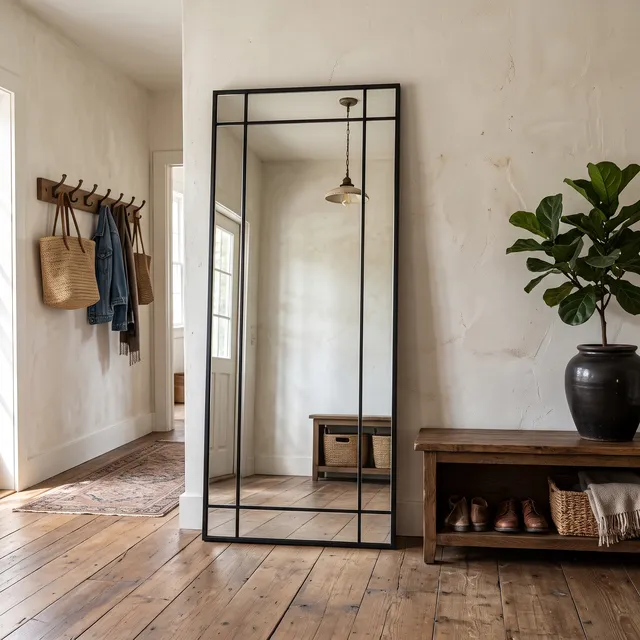 Miroir Crittall cadre métal noir, pleine hauteur, dans une entrée