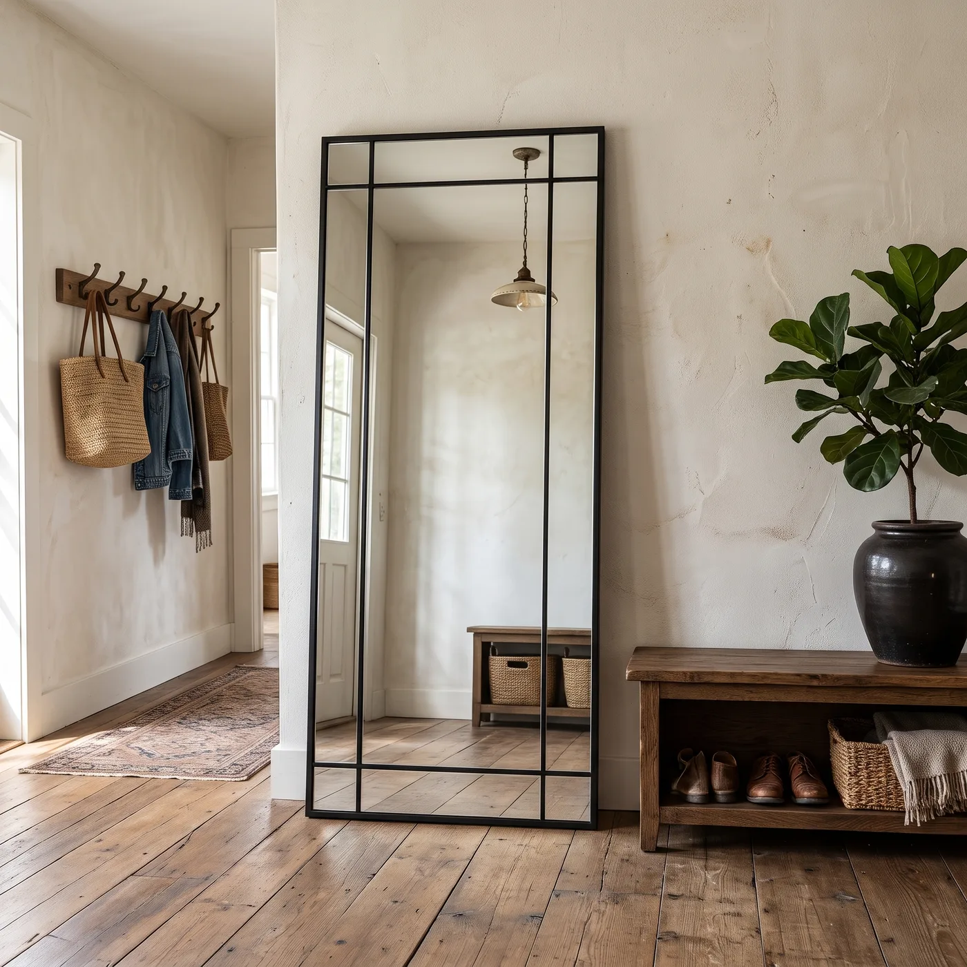 Miroir Crittall cadre métal noir, pleine hauteur, dans une entrée