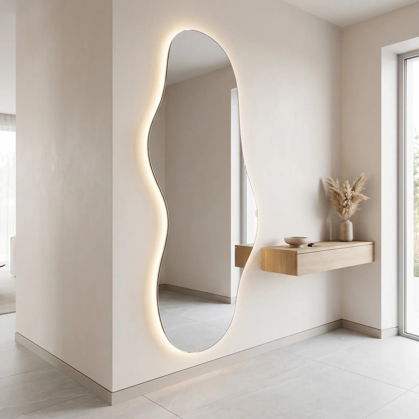Miroir Dune LED pleine hauteur dans une entrée claire