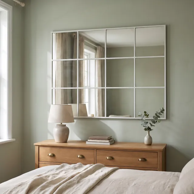 Miroir Fenêtre cadre métal blanc dans une chambre vert sauge