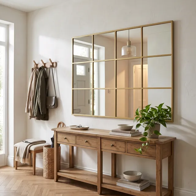Miroir Fenêtre cadre métal doré dans une entrée avec console en bois