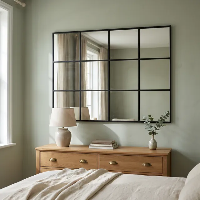 Miroir Fenêtre cadre métal noir au-dessus d’une commode en chêne