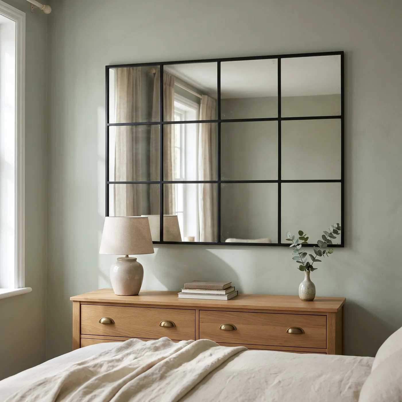 Miroir Fenêtre cadre métal noir au-dessus d’une commode en chêne