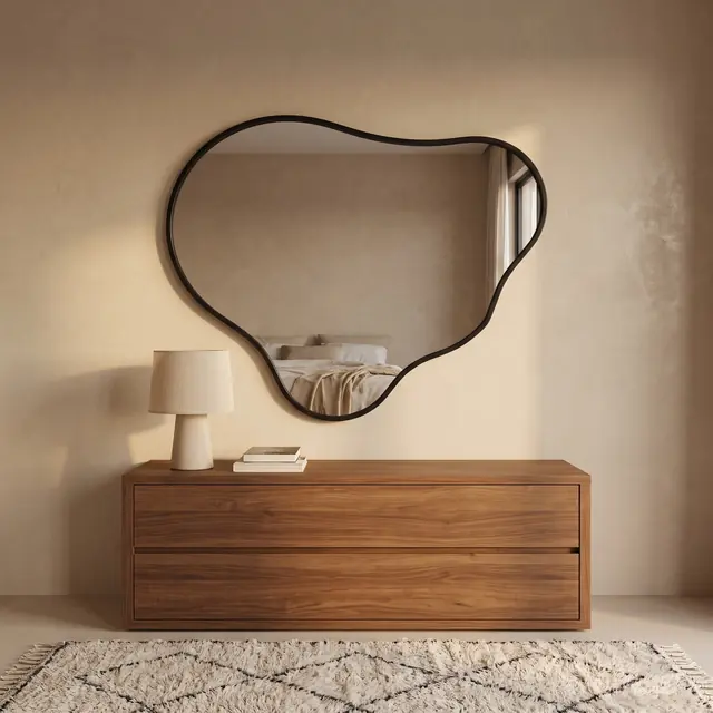 Miroir Lagon cadre métal noir au-dessus d’une commode en noyer