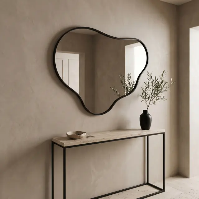Miroir Lagon cadre métal noir dans une entrée avec console en travertin
