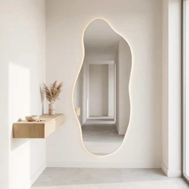 Miroir Nuage LED dans une entrée claire avec étagère flottante