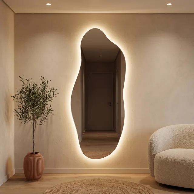 Miroir Nuage LED pleine hauteur avec olivier et halo lumineux