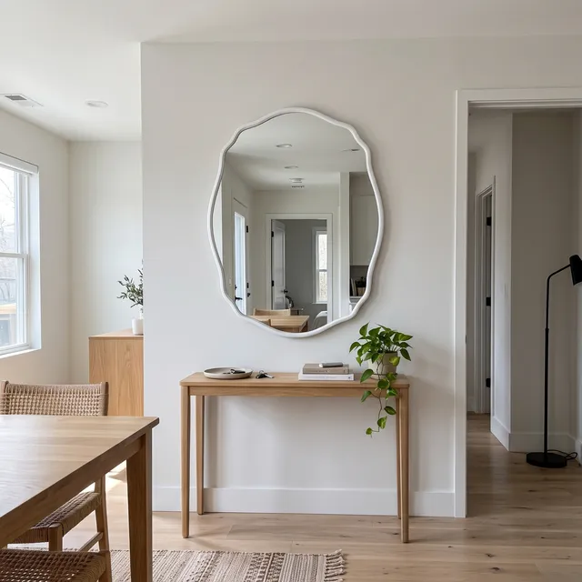 Miroir Vague cadre blanc au-dessus d’une console scandinave