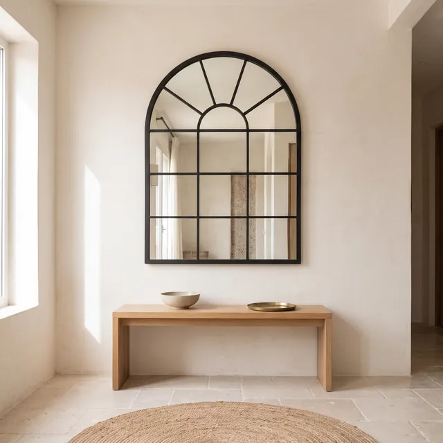 Miroir Verrière Arche cadre métal noir dans une entrée lumineuse
